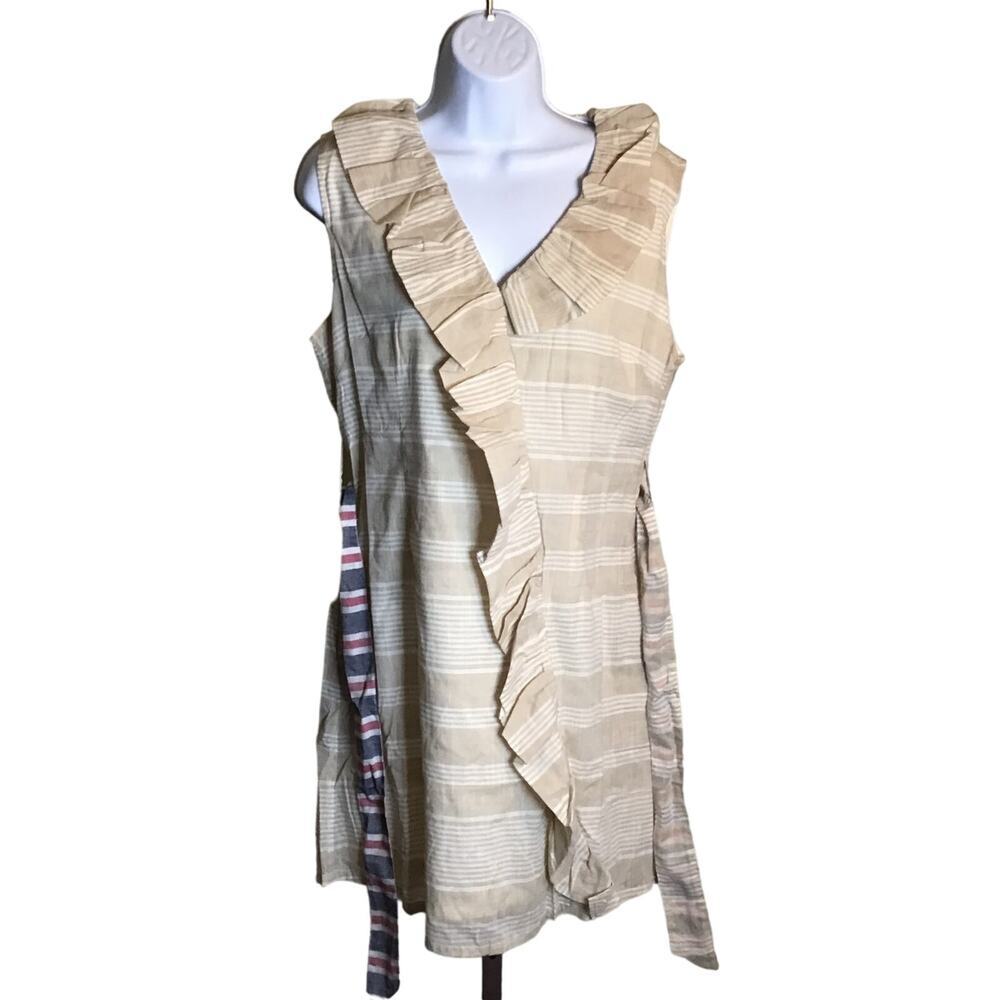 THML Sleeveless Striped Khaki Color Dress Ruffle Detail knee Length Sz. Med NWT